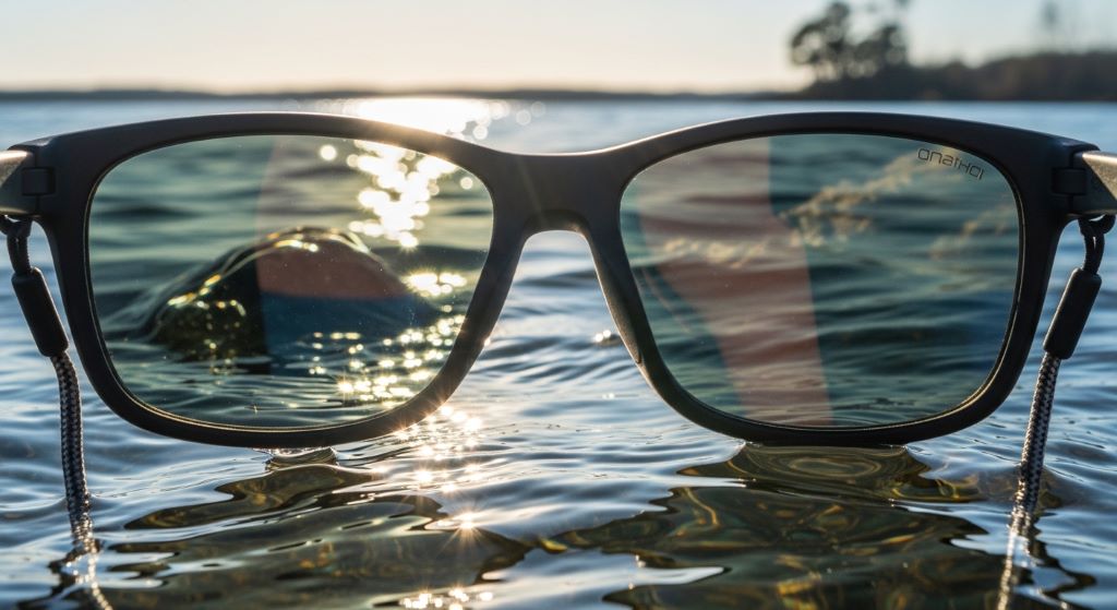 Close-up of fishing sunglasses showing lens clarity on water