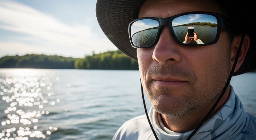 Angler wearing fishing sunglasses on a sunny lake