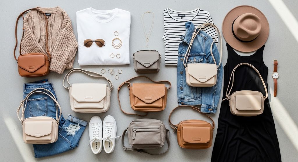 Flat lay of neutral crossbody bags styled with everyday casual outfit pieces