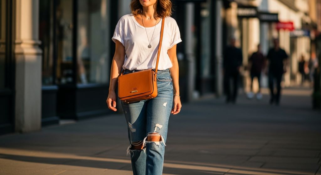 Woman wearing a tan leather crossbody bag with a casual jeans and white t-shirt outfit