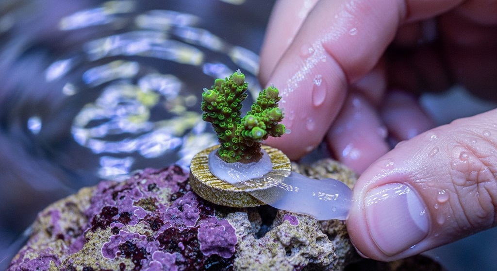 mounting coral frags using reef safe glue on frag plug