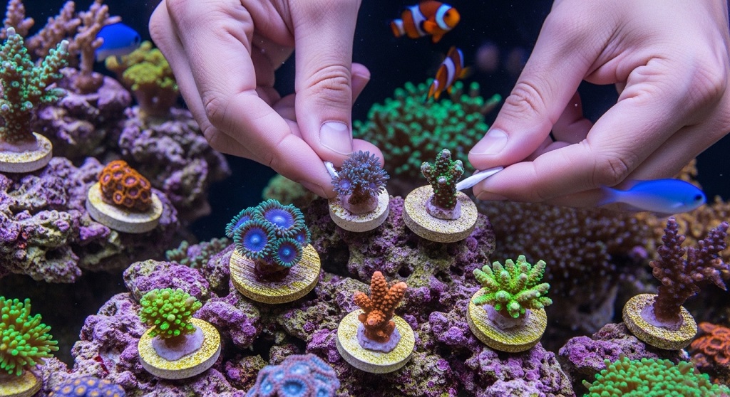 attaching SPS coral frag to live rock aquarium setup