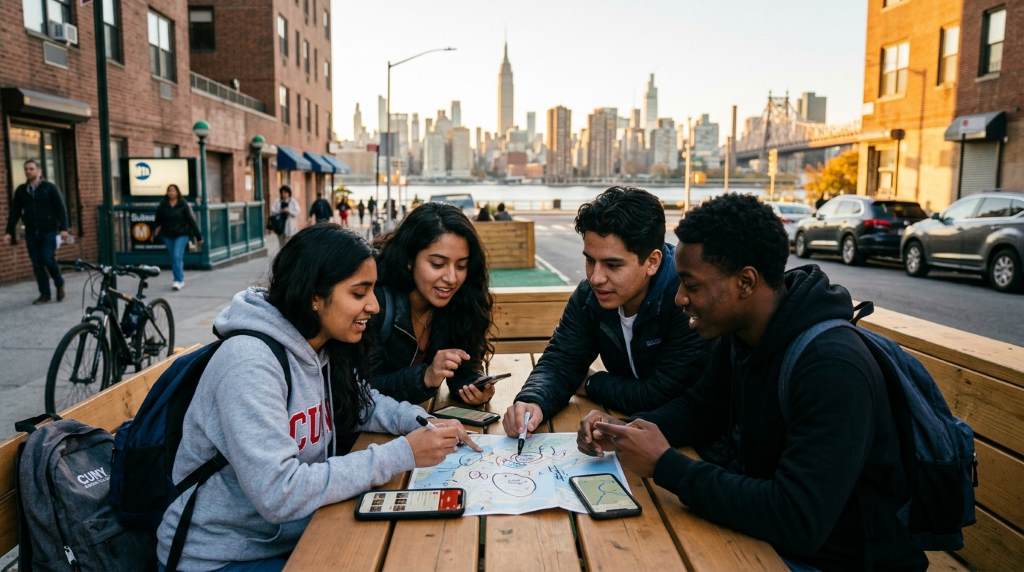 Busy overnight coffee shop with students working on assignments near Queens and Manhattan