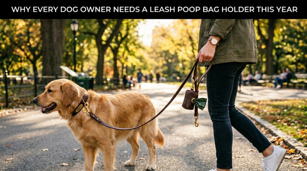 Person holding a dog leash with a poop bag holder attached in a sunny park.