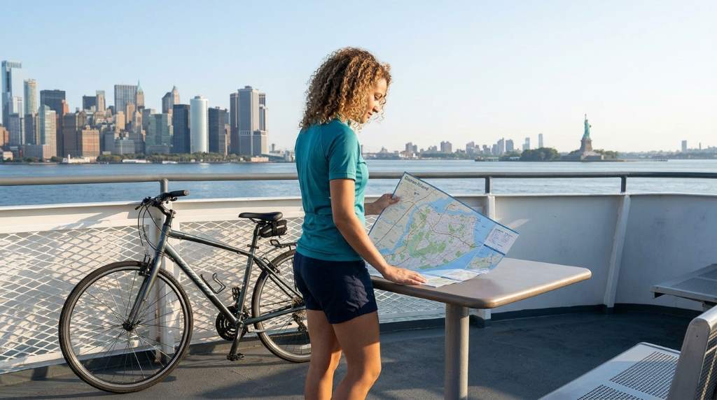 Cyclist riding along Staten Island waterfront boardwalk during a sunny afternoon in New York City