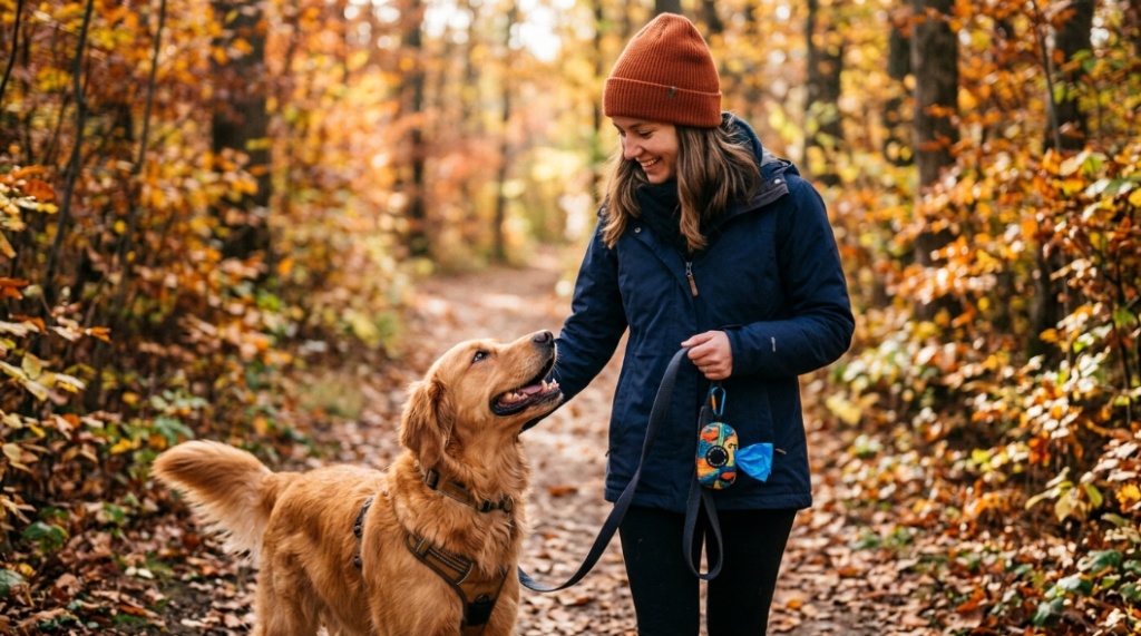 Close up of a dog leash poop bag holder during a walk with a Golden Retriever.