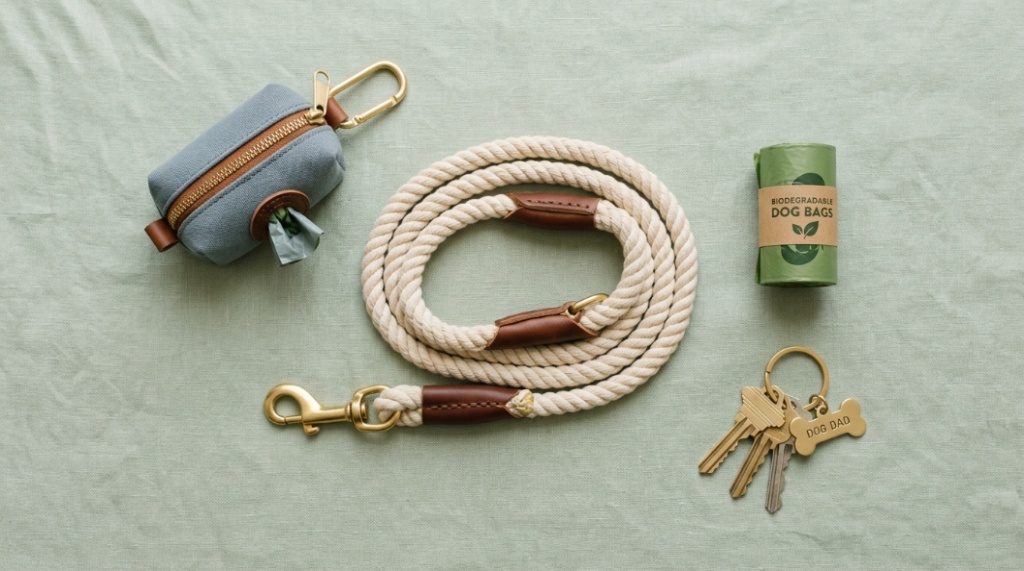 Flat lay of dog walking essentials featuring a leash poop bag holder and rolls.