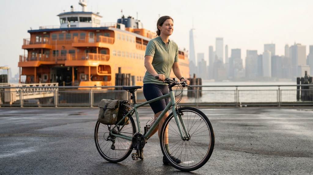 Relaxing urban bike ride through Staten Island Greenbelt park with trees and scenic pathways