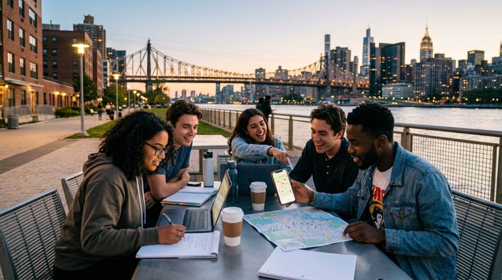 Students studying overnight inside a cozy 24-hour coffee shop near Manhattan from Queens NY