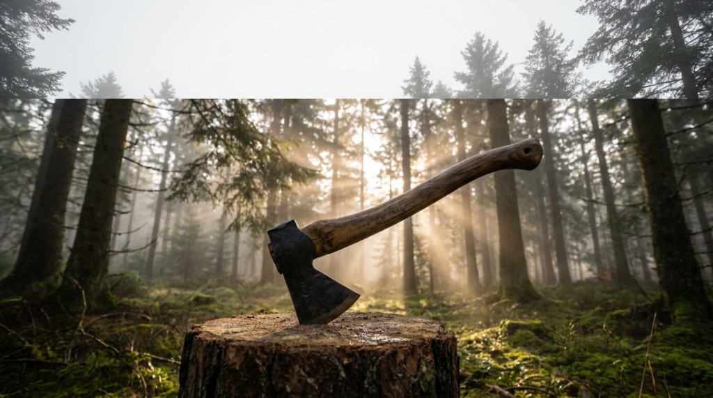 A hand forged bushcraft axe embedded in a wooden chopping block inside a misty forest.