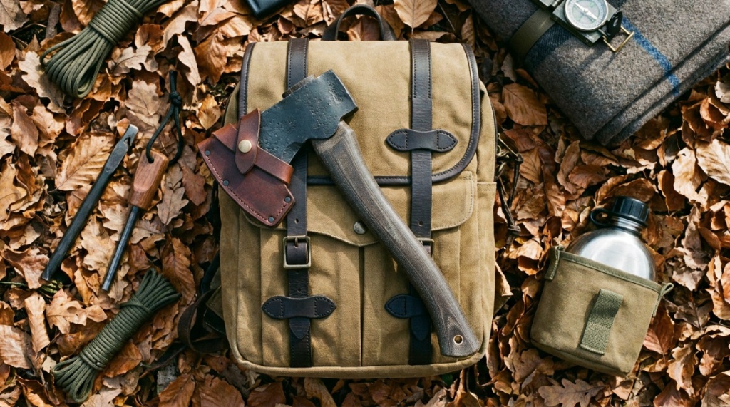 A bushcraft axe with a leather sheath resting on a rugged canvas camping backpack.