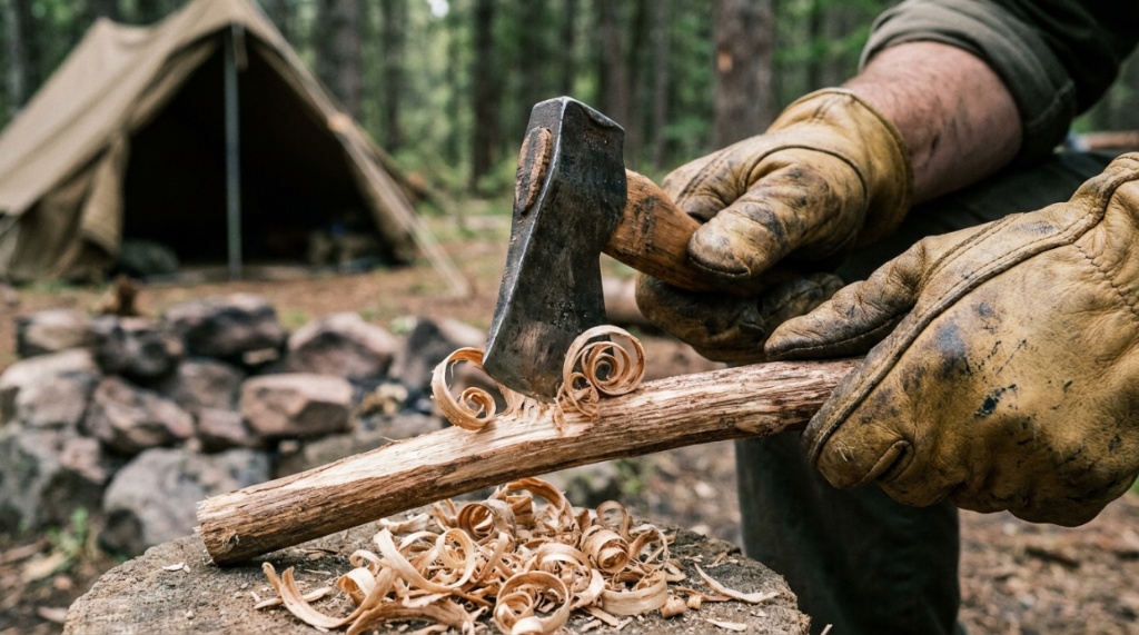 Close up of hands using a small survival hatchet to shave thin wood curls for fire starting.