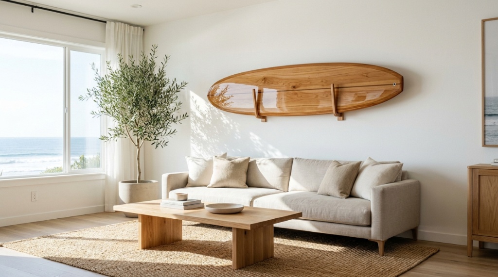 Two surfboards stored vertically on heavy-duty wall mounts inside an organized garage workshop.