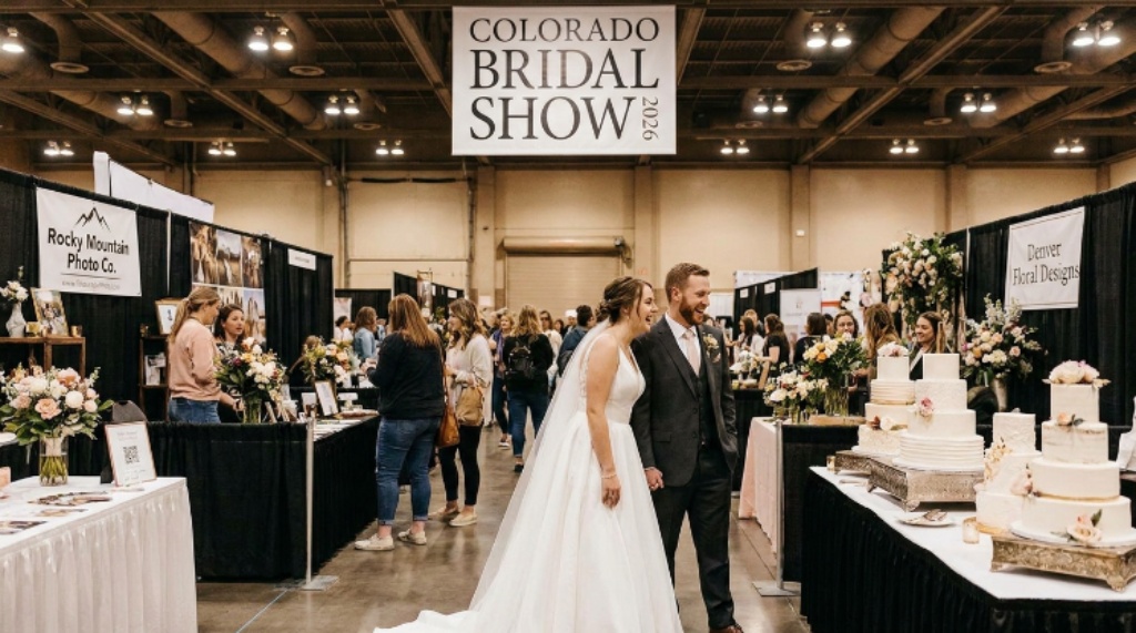 Bride and groom browsing vendor booths at Colorado Bridal Show 2026