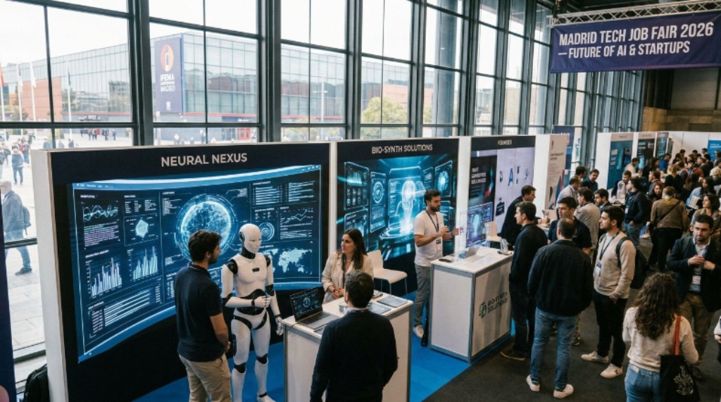 Startup founders and AI professionals at exhibition booths during the Madrid Tech Job Fair 2026