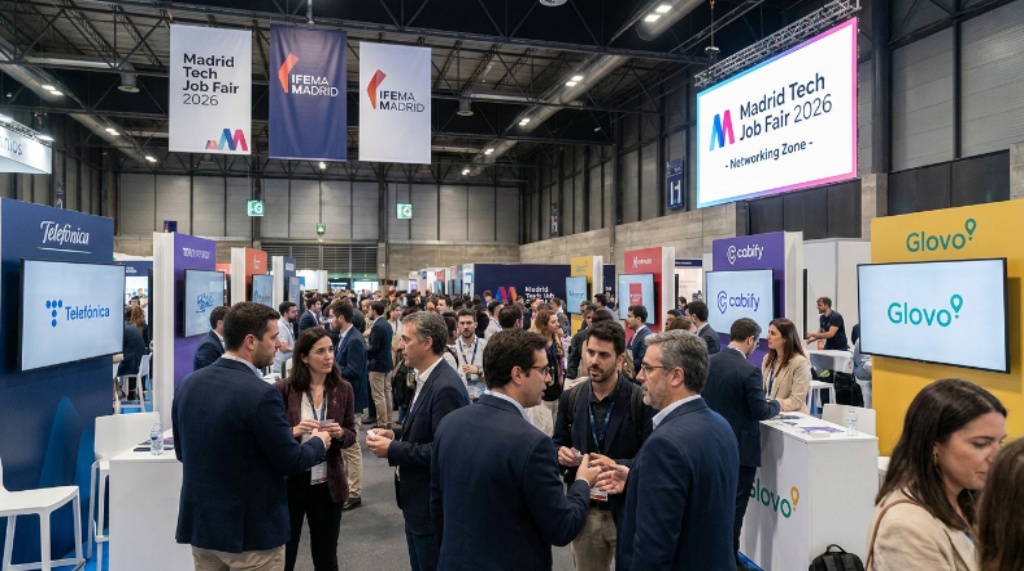Job seekers and tech recruiters networking at the Madrid Tech Job Fair 2026 inside IFEMA Madrid