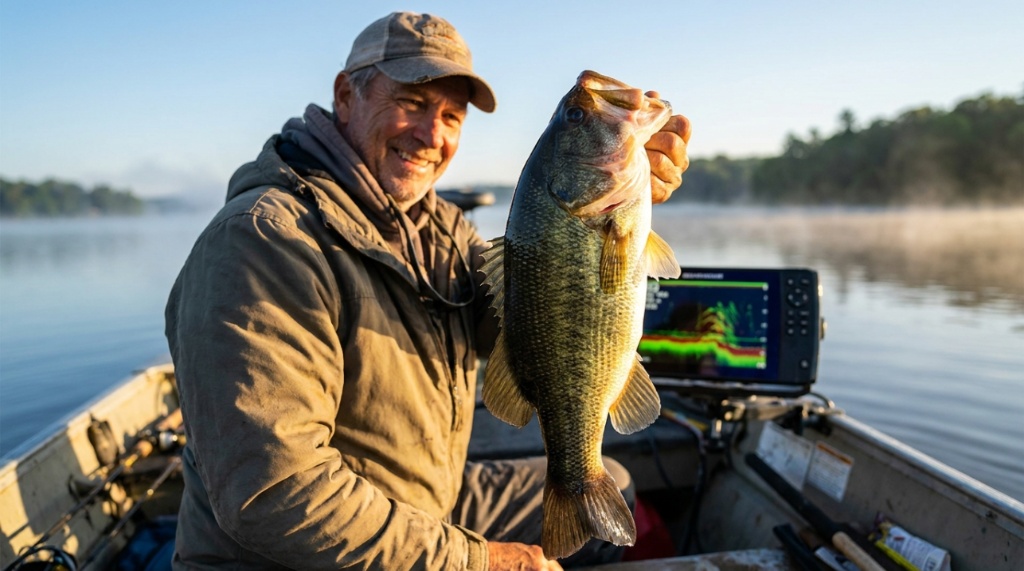A premium fish finder screen mounted on a boat console at sunrise.