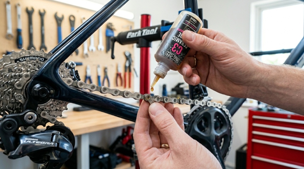 Hands applying liquid lubricant to a clean mountain bike chain in a workshop.