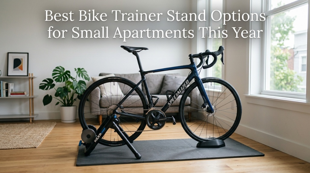 Road bike on a compact trainer stand inside a small apartment living room.