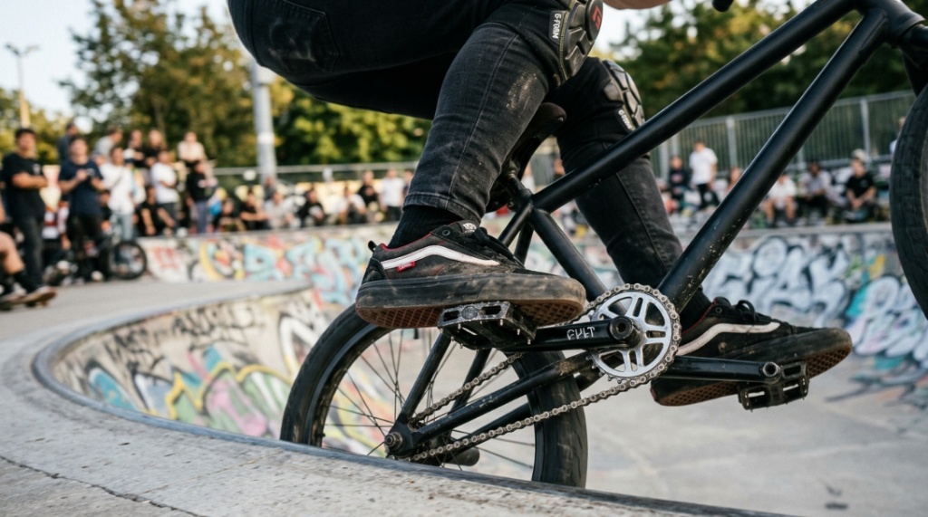 Close up of a rider shoe gripping a metal BMX pedal mid air.
