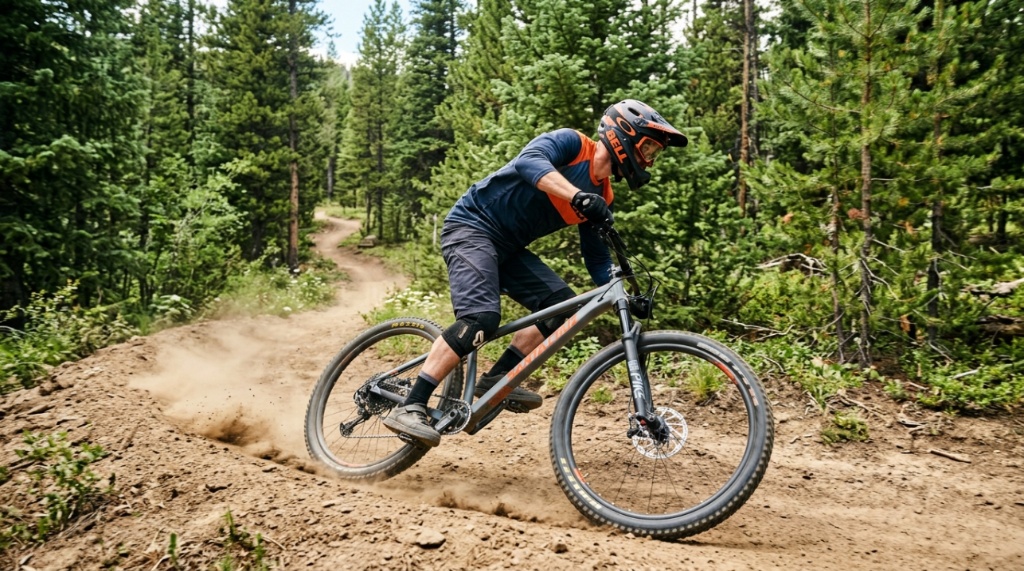  A black front-suspension mountain bike parked on a rocky hillside overlooking mountains.