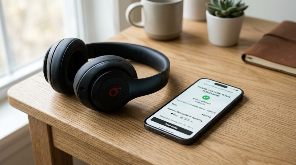 Matte black Beats headphones rest on a desk next to a secure online checkout screen.