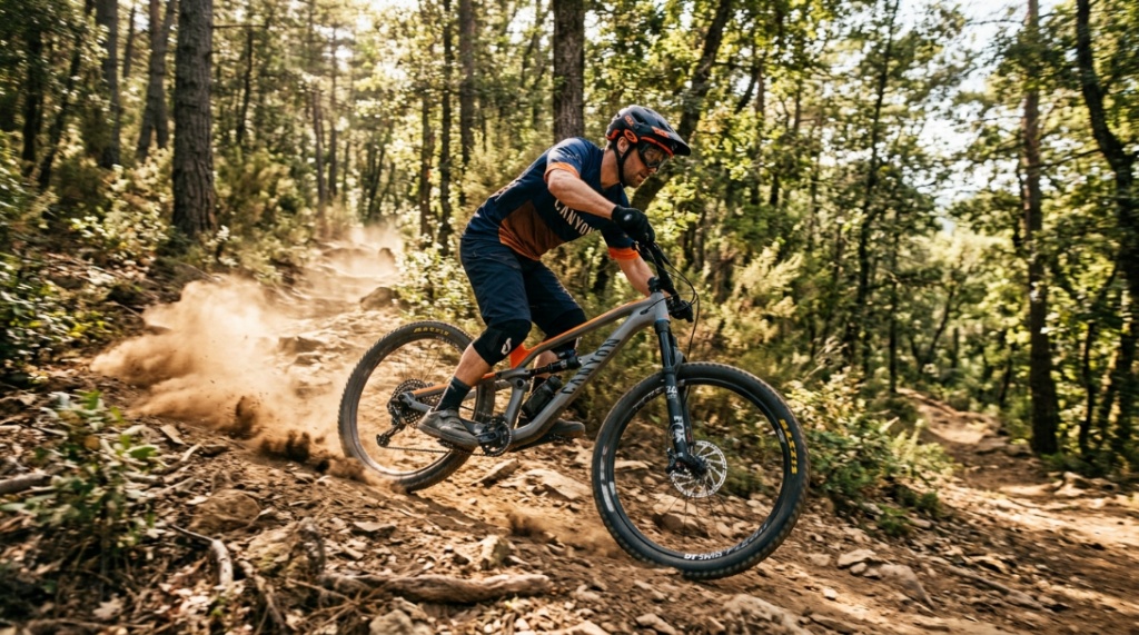 A Canyon Spectral 27.5 AL 5 mountain bike racing down a dirt trail.