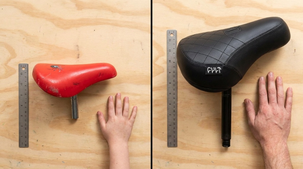 Clean comparison of a small kids plastic BMX seat next to a thick padded adult BMX seat.