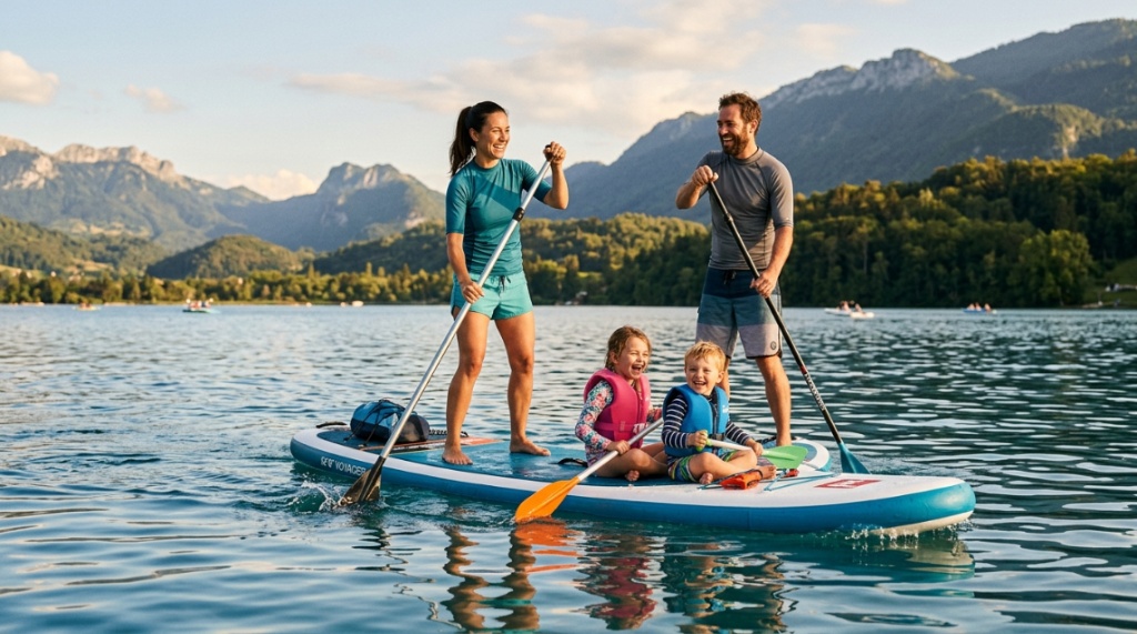 Mother and child sitting safely on a wide inflatable paddle board in clear water.