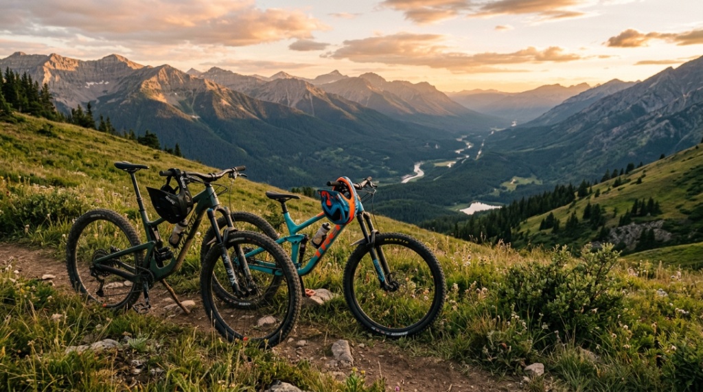Two different trail mountain bikes parked on a grassy hill during golden hour.