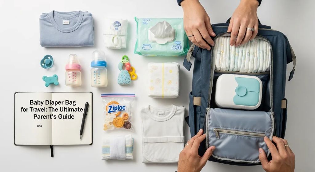 Diaper bag backpack packed with baby essentials for a day trip