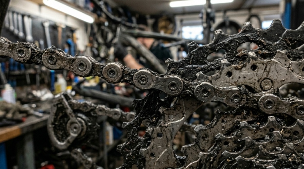 A close-up of a dirty mountain bike chain clogged with black grease.