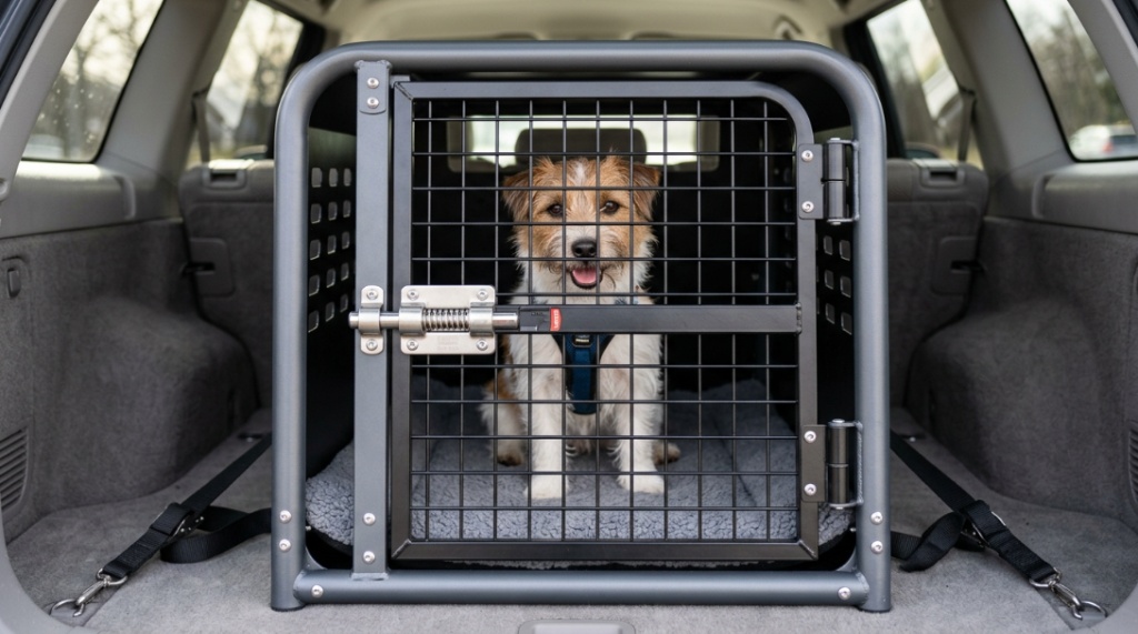 A small dog sitting inside a secure aluminum travel crate in an SUV.