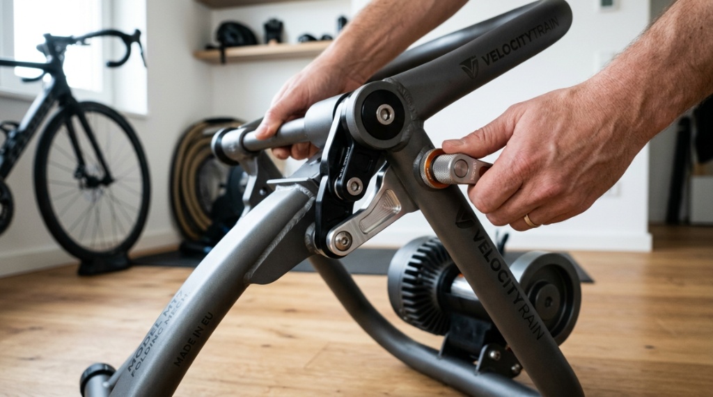 A person folding a magnetic bike trainer stand flat for easy storage.