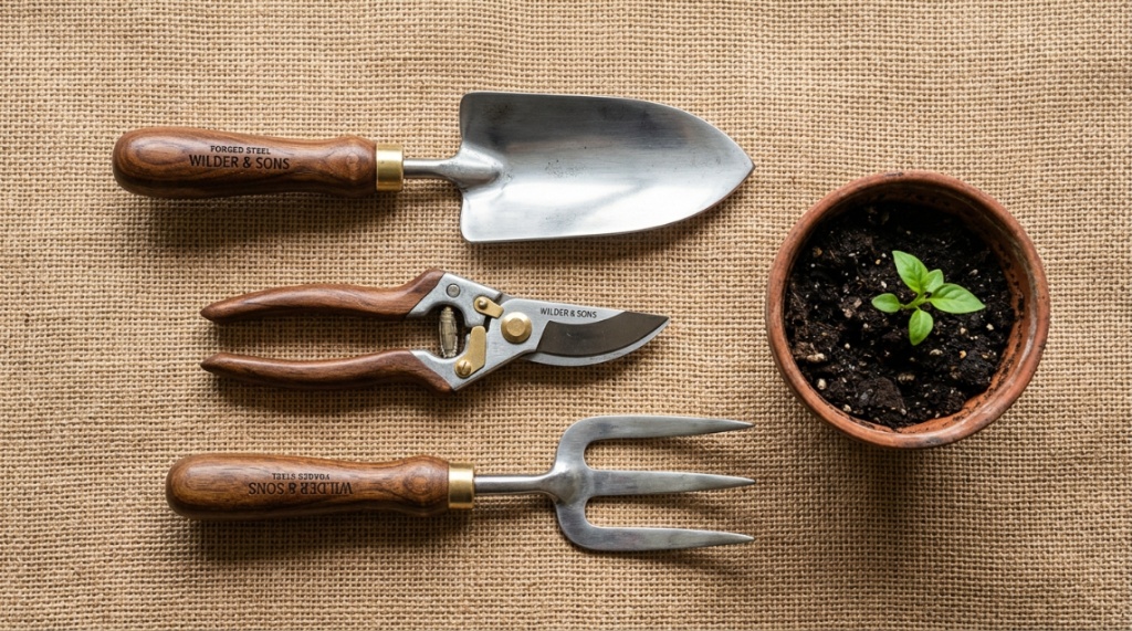 A stainless steel hand trowel scooping dark organic soil from a garden bed.