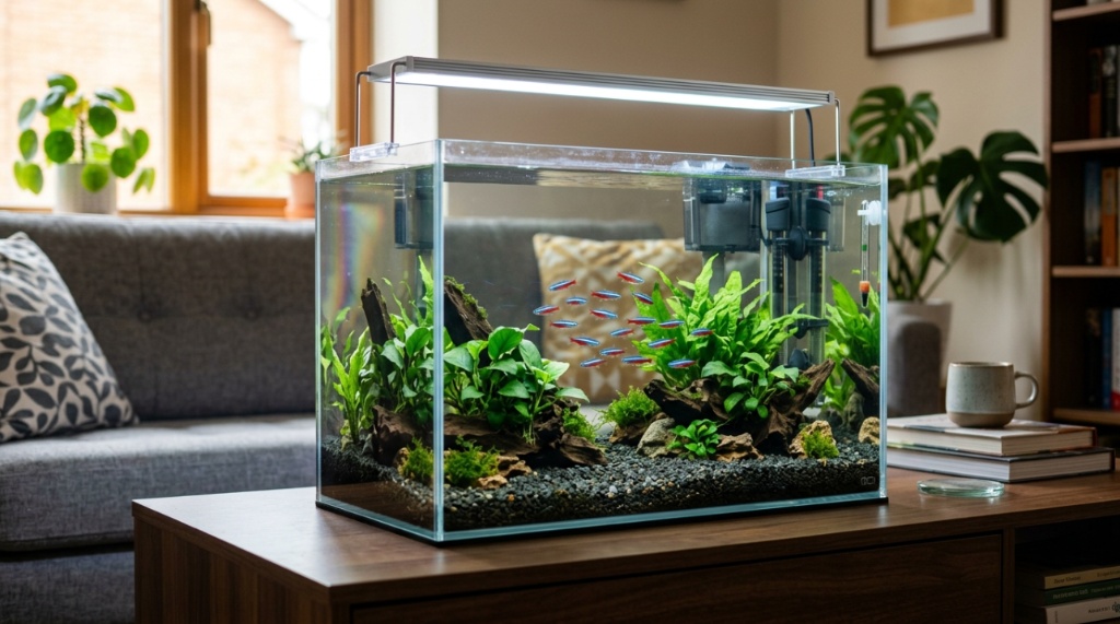 A hand holding a chemical test strip next to a cycling fish tank to check water quality.