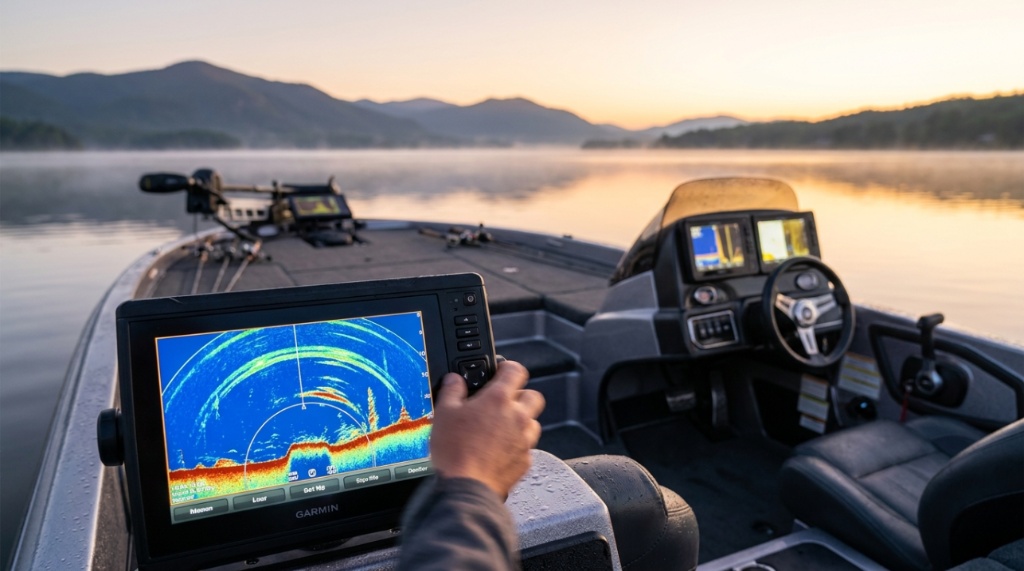 A smiling fisherman holding a fish with a sonar screen background.