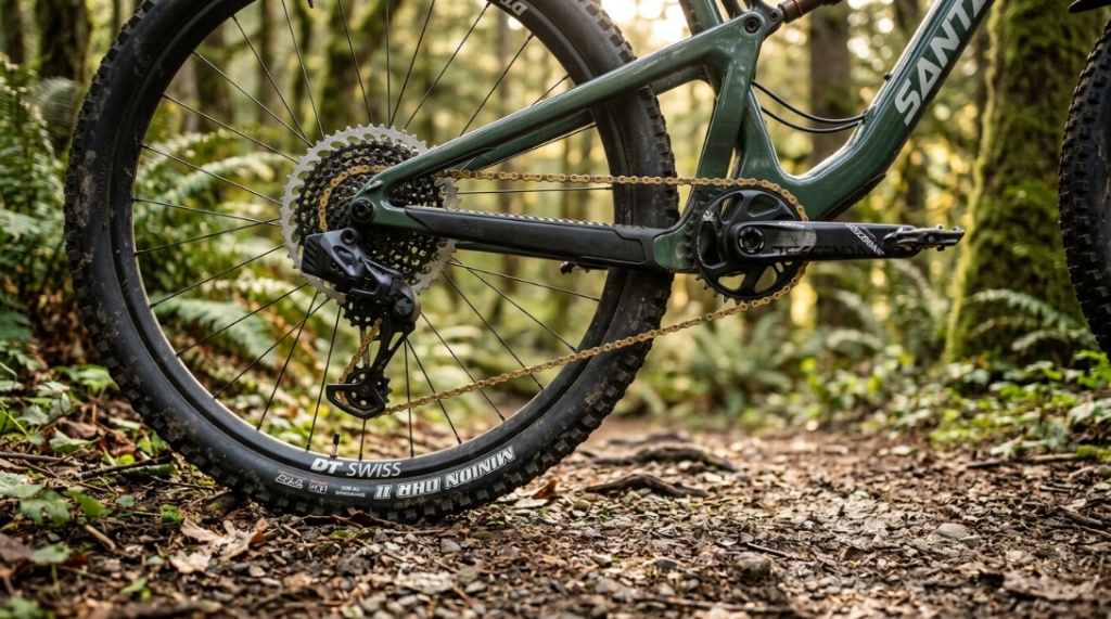 A mountain bike parked on a forest trail focusing on the clean drivetrain.