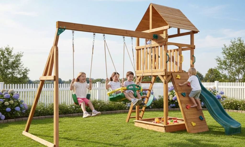 Kids enjoying an outdoor swing set in a backyard playground