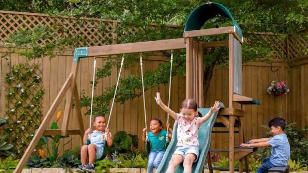 Safe outdoor swing for kids installed in a family backyard