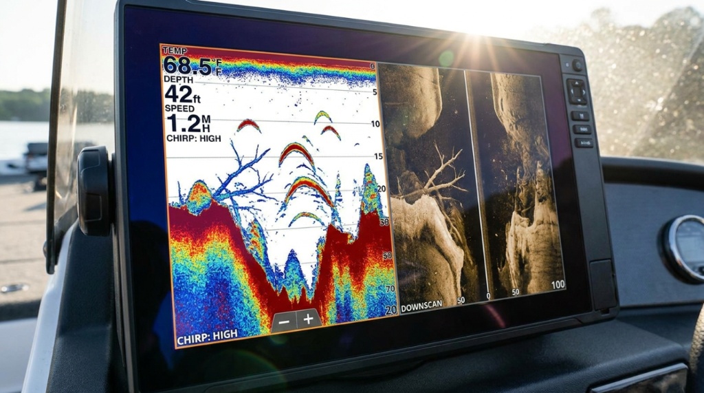 A CHIRP sonar display mapping underwater structures and schools of fish.