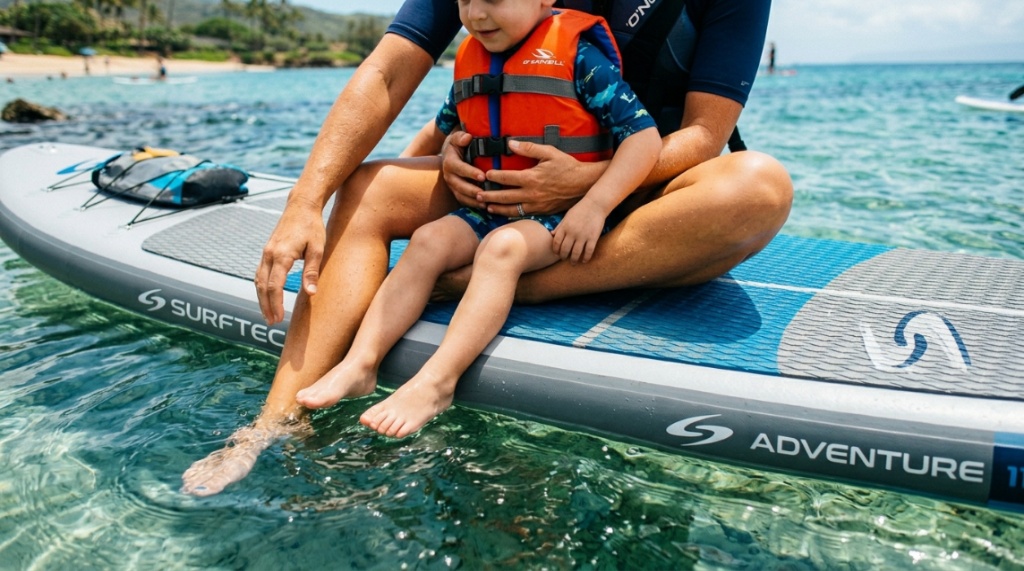 Family with two children paddling together on a large inflatable paddle board on a calm lake.
