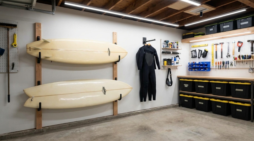 A wooden surfboard wall mount holding a longboard horizontally in a modern living room.