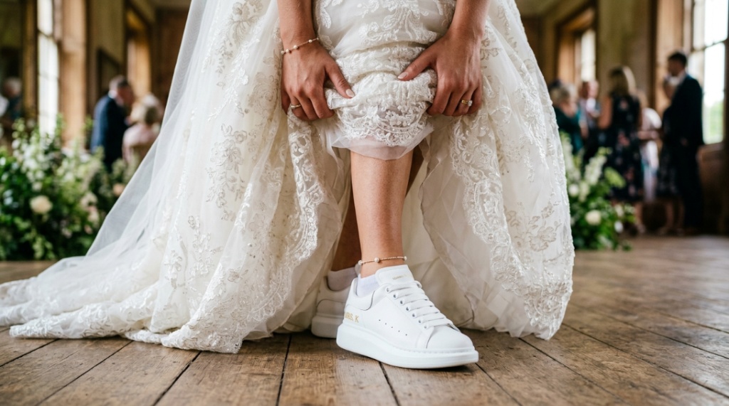Bride lifts lace wedding gown revealing comfortable white leather sneakers.