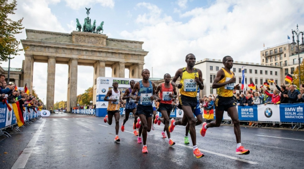Elite marathon runners racing through central Berlin past the Brandenburg Gate during the 2026 BMW Berlin-Marathon on September 27