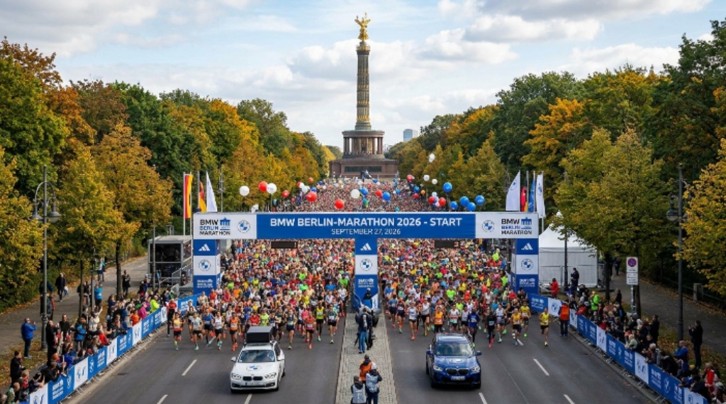 Tens of thousands of runners at the start of the 2026 BMW Berlin-Marathon on Straße des 17. Juni with the Victory Column in the background