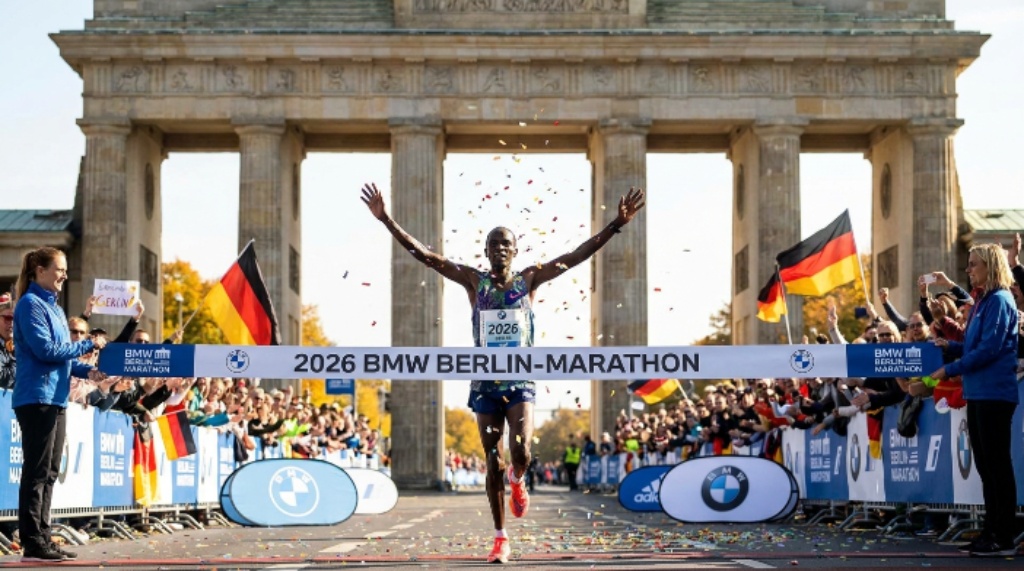 A finisher crossing the finish line of the 2026 BMW Berlin-Marathon through the Brandenburg Gate in Berlin, Germany