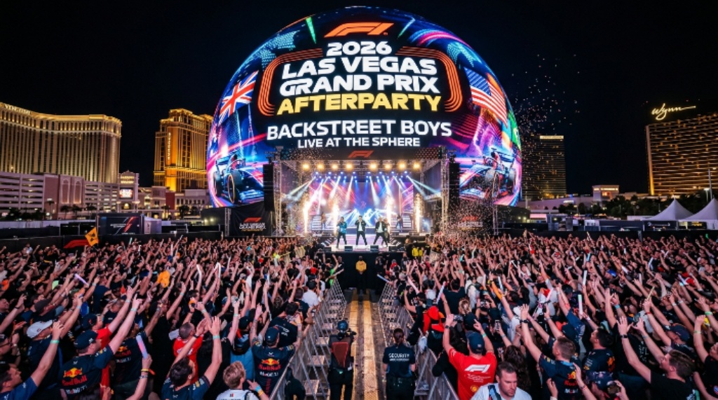 Fans celebrating the 2026 Las Vegas Grand Prix F1 Afterparty at Sphere Las Vegas featuring a Backstreet Boys concert after the Saturday night race