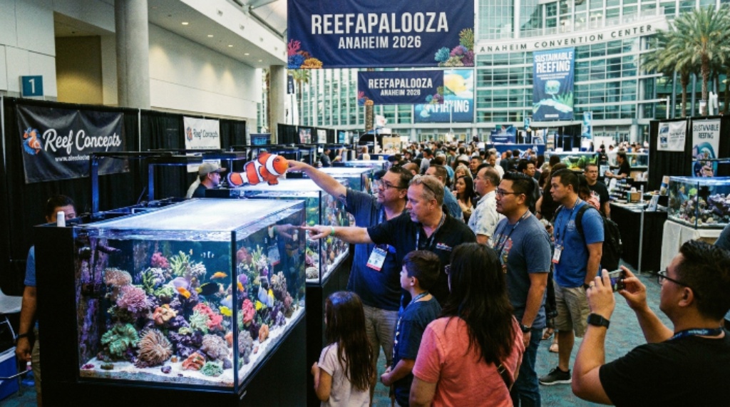Attendees browsing saltwater aquarium exhibits at Reefapalooza Anaheim 2026