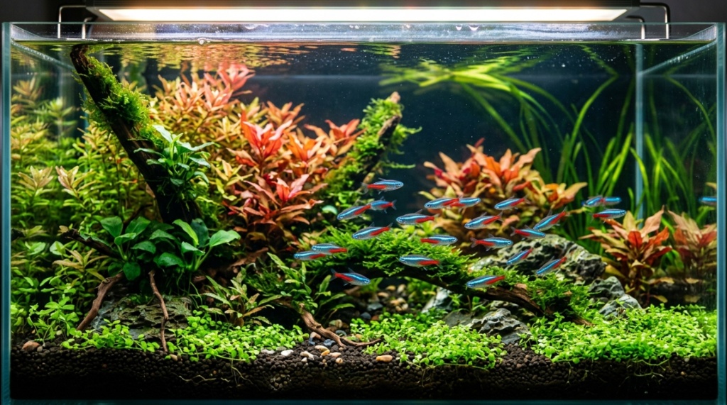 A thriving, heavily planted aquarium with vibrant green plants and small colorful fish swimming in clear water.
